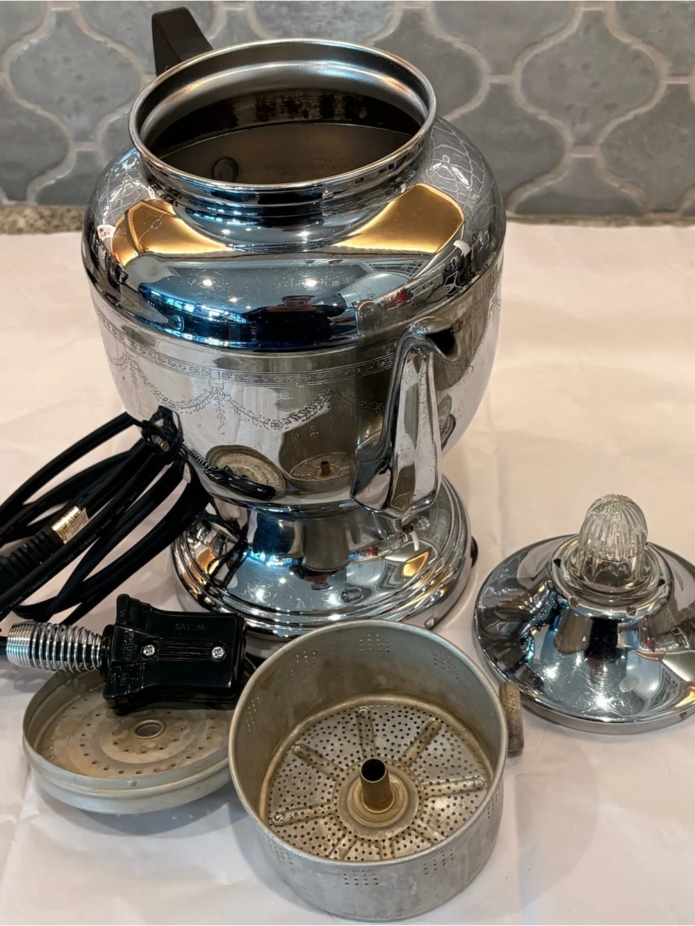 Vintage Farberware Electric Coffee Percolator Chrome Floral Etched Design